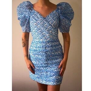 NEW | C/Meo Collective Light Blue Floral Print Puff Sleeve Mini Dress Size XXS